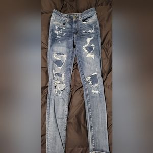 American Eagle Hi-Rise Super Super Stretch Distressed Blue Jean Jeggings Sz 2